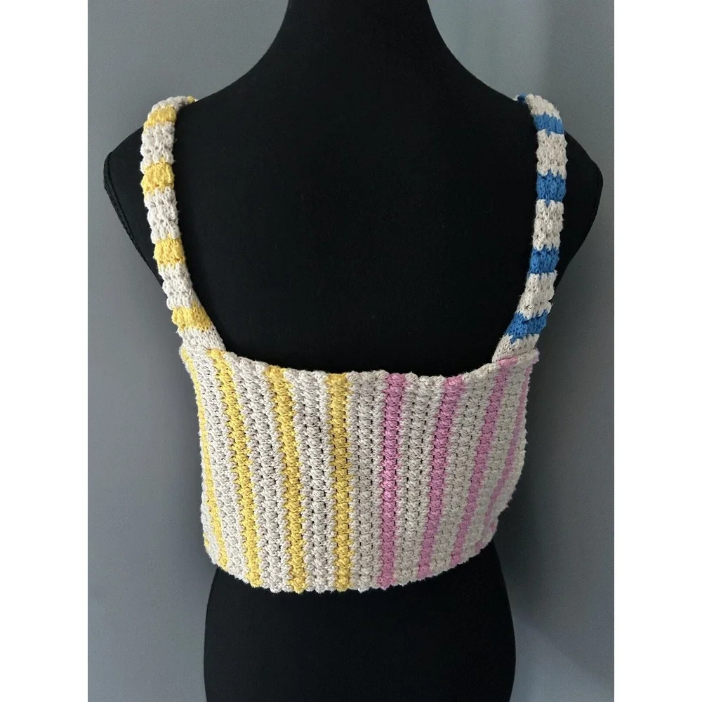 Zara Multi Color Crochet Striped Knit Crop Top Medium Tank 100% Cotton Summer - Picture 4 of 7
